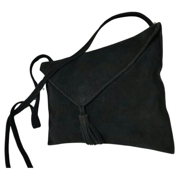 Black Suede Crossbody Envelope Handbag Tassel Magnetic Closure Fold OverTop - Picture 4 of 9